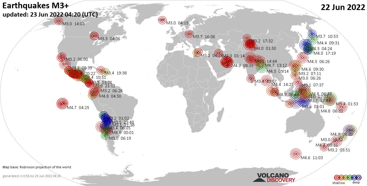Weltkarte mit Erdbeben über Magnitude 3 während den letzten 24 Stunden past 24 hours am 23. Juni 2022
