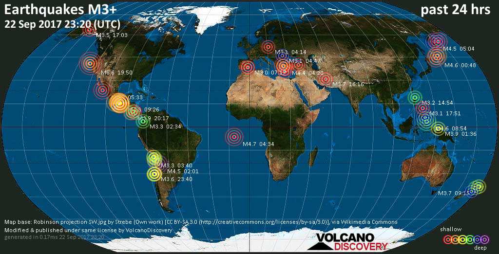 World map showing earthquakes above magnitude 3 during the past 24 hours on 22 Sep 2017