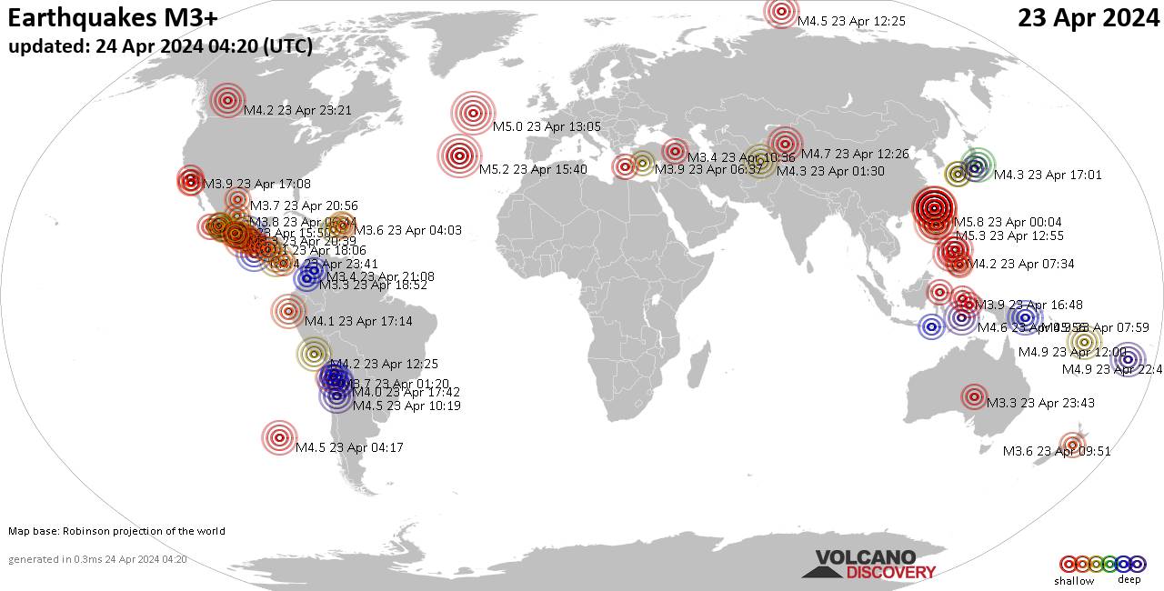 Weltkarte mit Erdbeben über Magnitude 3 während den letzten 24 Stunden past 24 hours am 23. April 2024