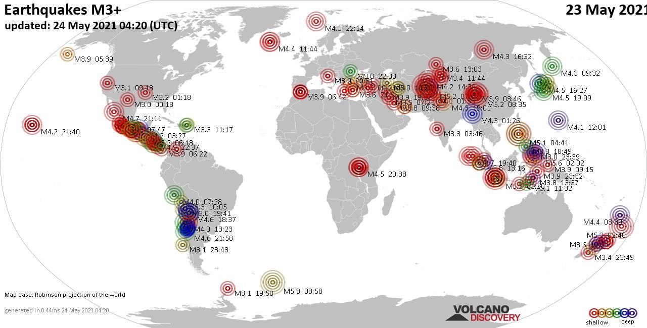 Mappa del mondo che mostra i terremoti sopra la magnitudo 3 nelle ultime 24 ore il 24 maggio 2021