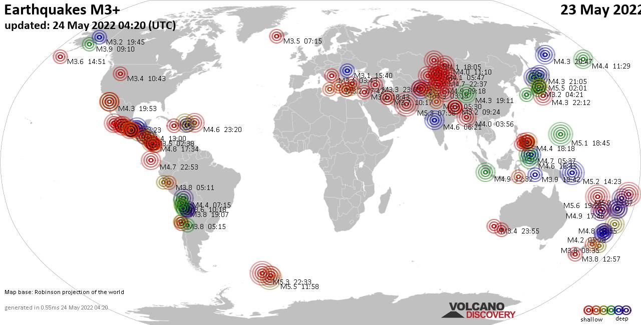 Weltkarte mit Erdbeben über Magnitude 3 während den letzten 24 Stunden past 24 hours am 23. Mai 2022