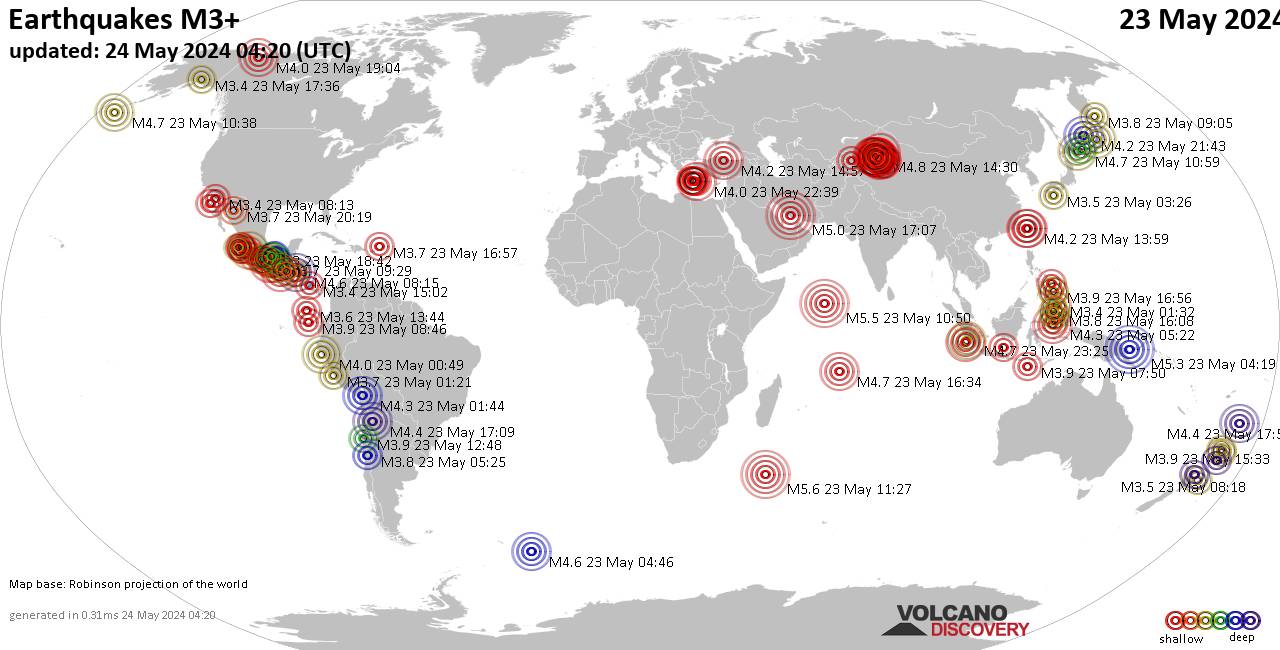 Weltkarte mit Erdbeben über Magnitude 3 während den letzten 24 Stunden past 24 hours am 24. Mai 2024