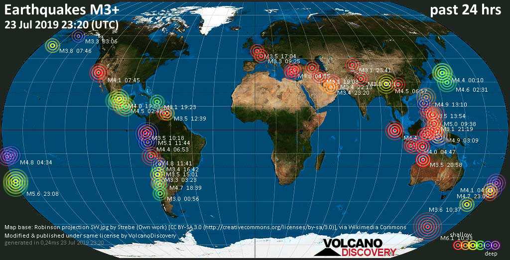 World map showing earthquakes above magnitude 3 during the past 24 hours on 23 Jul 2019