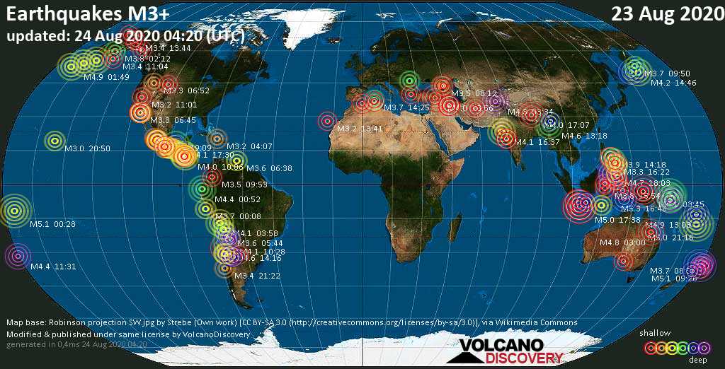 Worldwide earthquakes above magnitude 3 during the past 24 hours on 23 Aug 2020