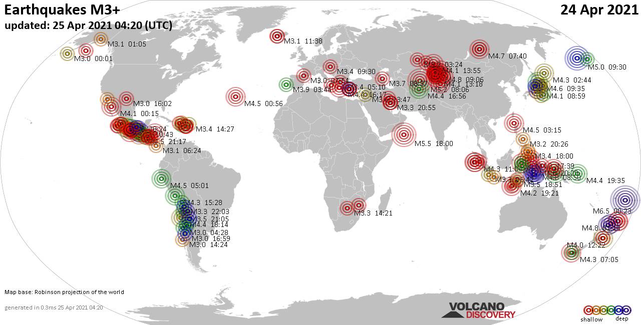 Weltkarte mit Erdbeben über Magnitude 3 während den letzten 24 Stunden past 24 hours am 25. April 2021