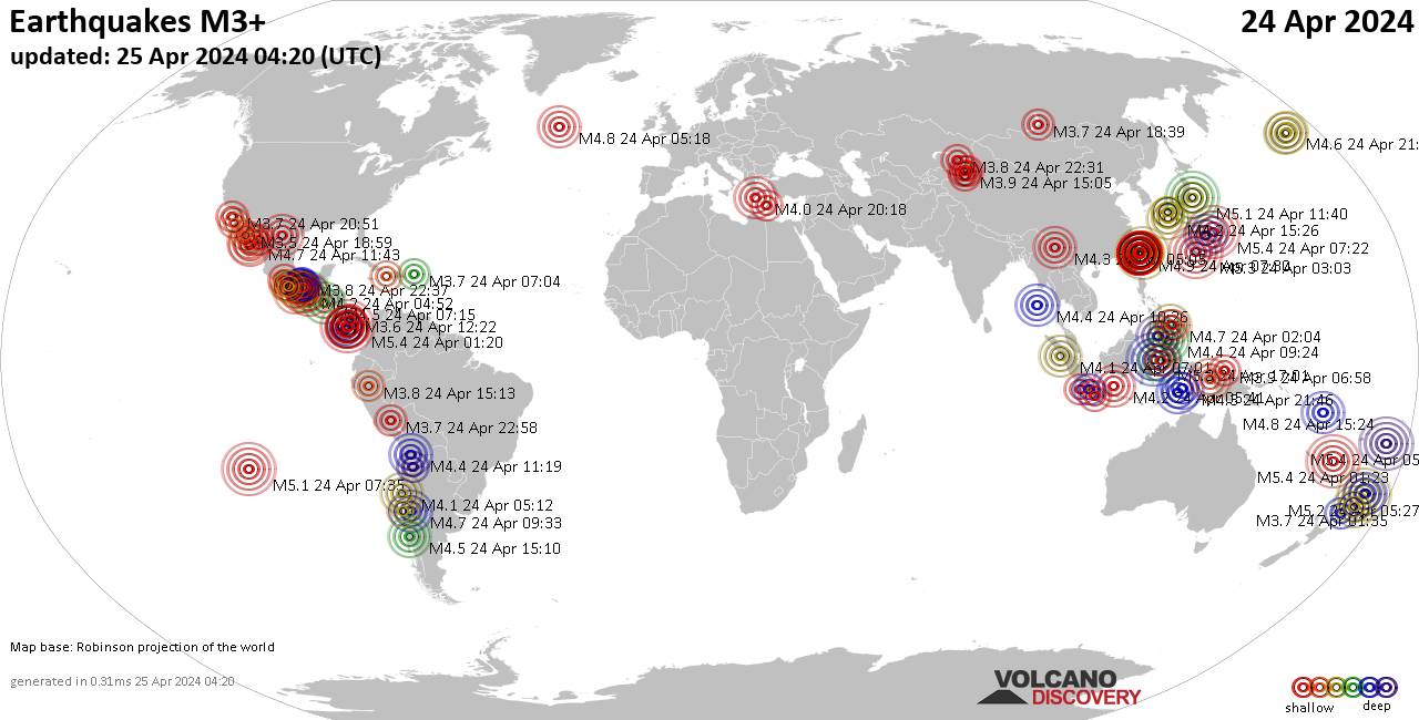 Παγκόσμιος χάρτης που δείχνει σεισμούς άνω των 3 βαθμών στις 24 Απριλίου 2024