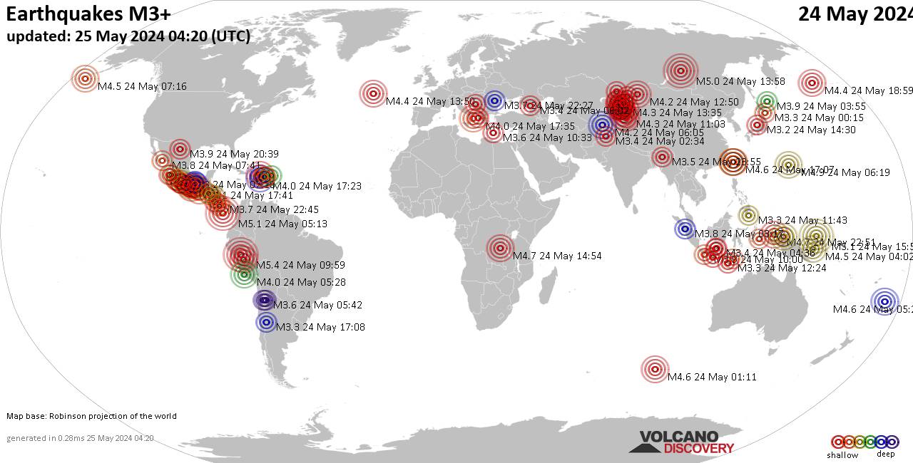 Weltkarte mit Erdbeben über Magnitude 3 während den letzten 24 Stunden past 24 hours am 25. Mai 2024