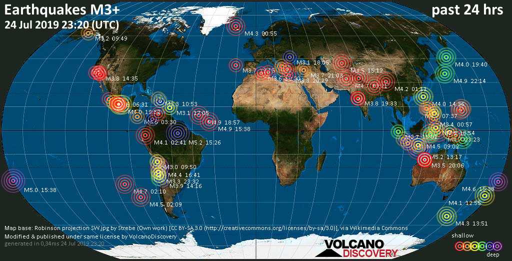 World map showing earthquakes above magnitude 3 during the past 24 hours on 24 Jul 2019