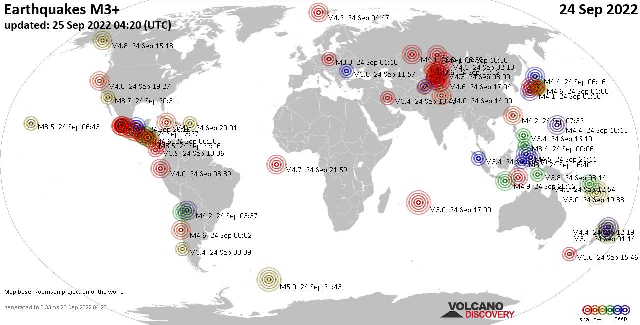 Mappa del mondo che mostra i terremoti sopra la magnitudo 3 nelle ultime 24 ore il 25 settembre 2022