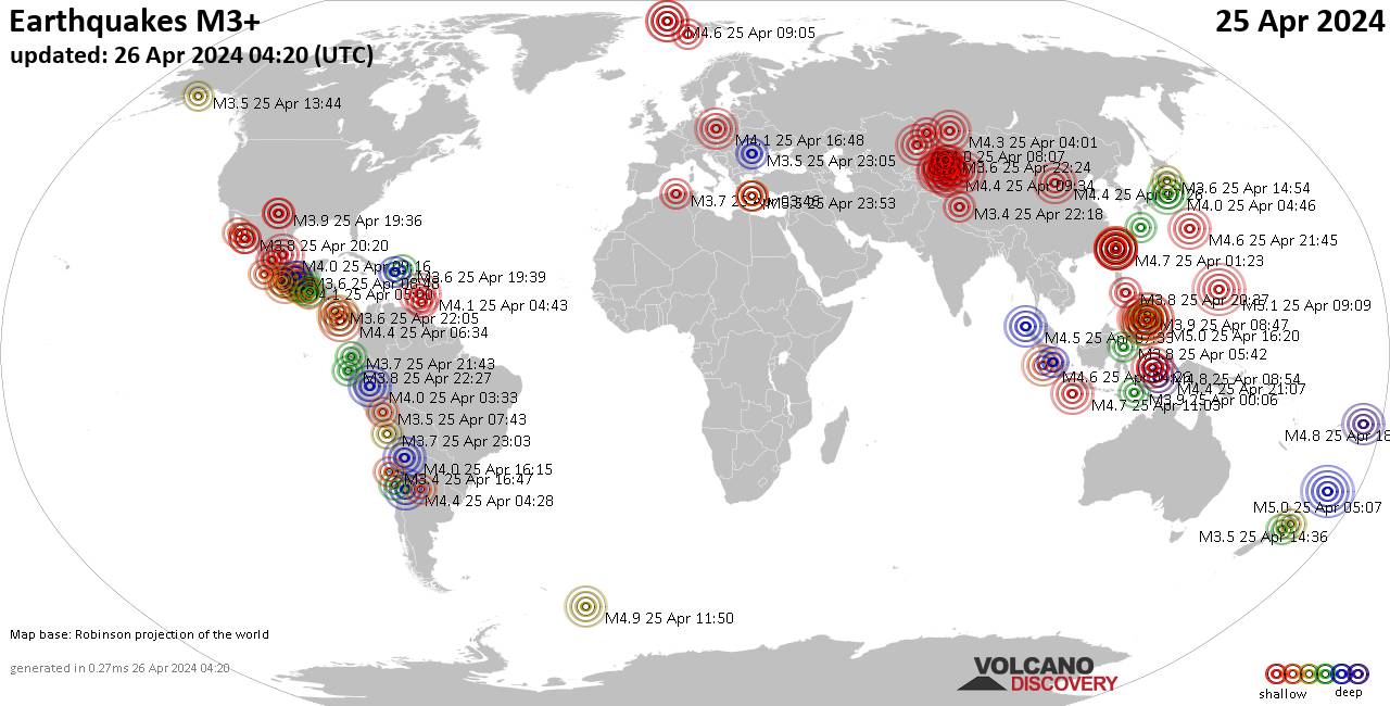 Mappa del mondo che mostra i terremoti sopra la magnitudo 3 nelle ultime 24 ore il 25 aprile 2024