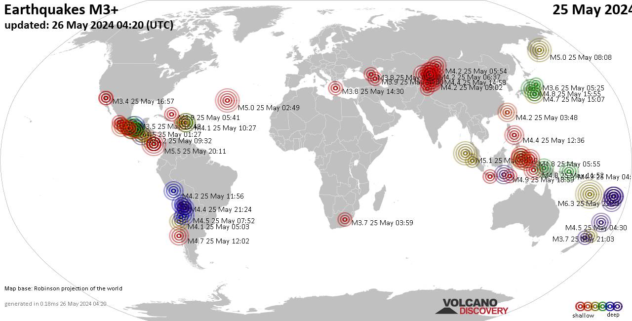 Weltkarte mit Erdbeben über Magnitude 3 während den letzten 24 Stunden past 24 hours am 25. Mai 2024