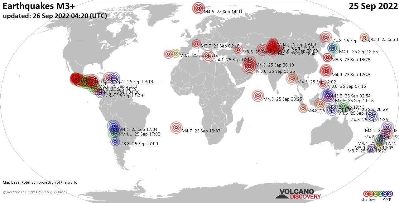 Mappa del mondo che mostra i terremoti sopra la magnitudo 3 nelle ultime 24 ore il 26 settembre 2022