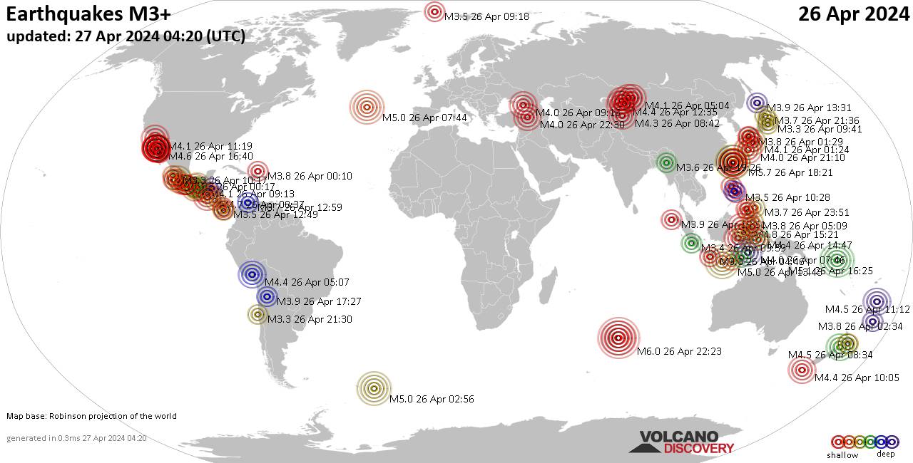 Carte du monde montrant les séismes supérieurs à la magnitude 3 vendredi, 26 avril 2024