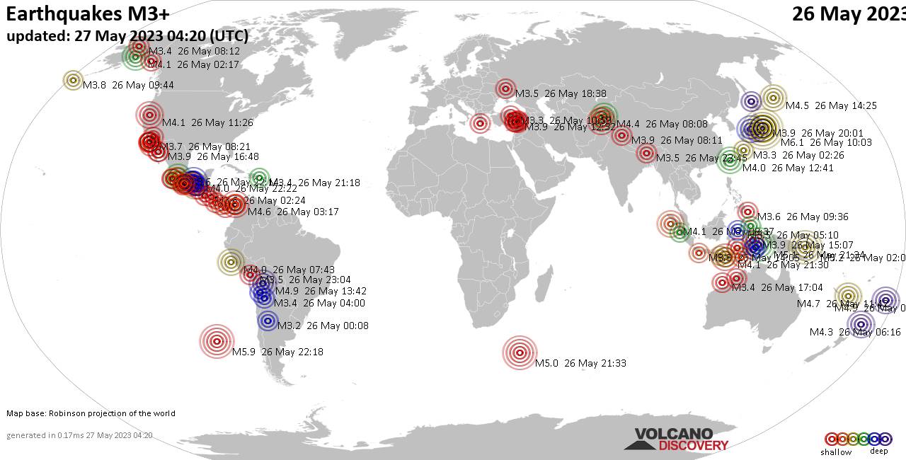 Weltkarte mit Erdbeben über Magnitude 3 während den letzten 24 Stunden past 24 hours am 27. Mai 2023