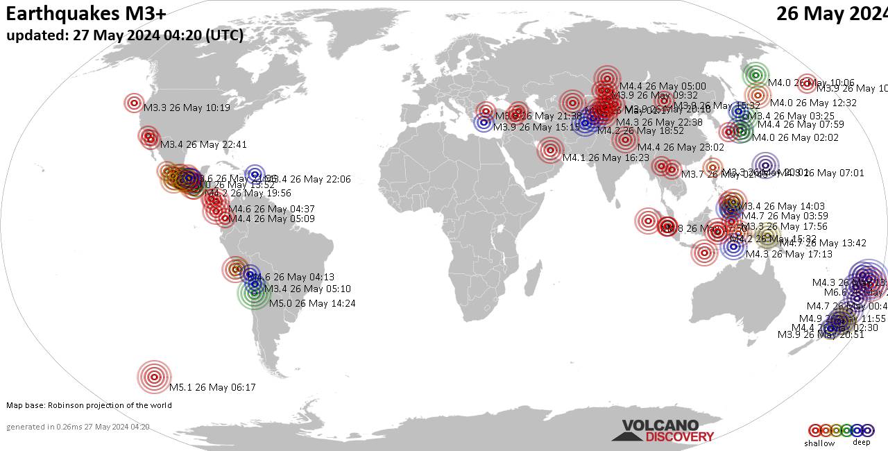 Weltkarte mit Erdbeben über Magnitude 3 während den letzten 24 Stunden past 24 hours am 27. Mai 2024
