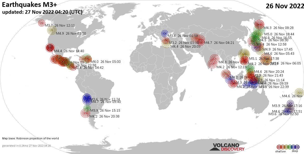 Mapa mundial que muestra terremotos de magnitud 3 en las últimas 24 horas 27 noviembre 2022