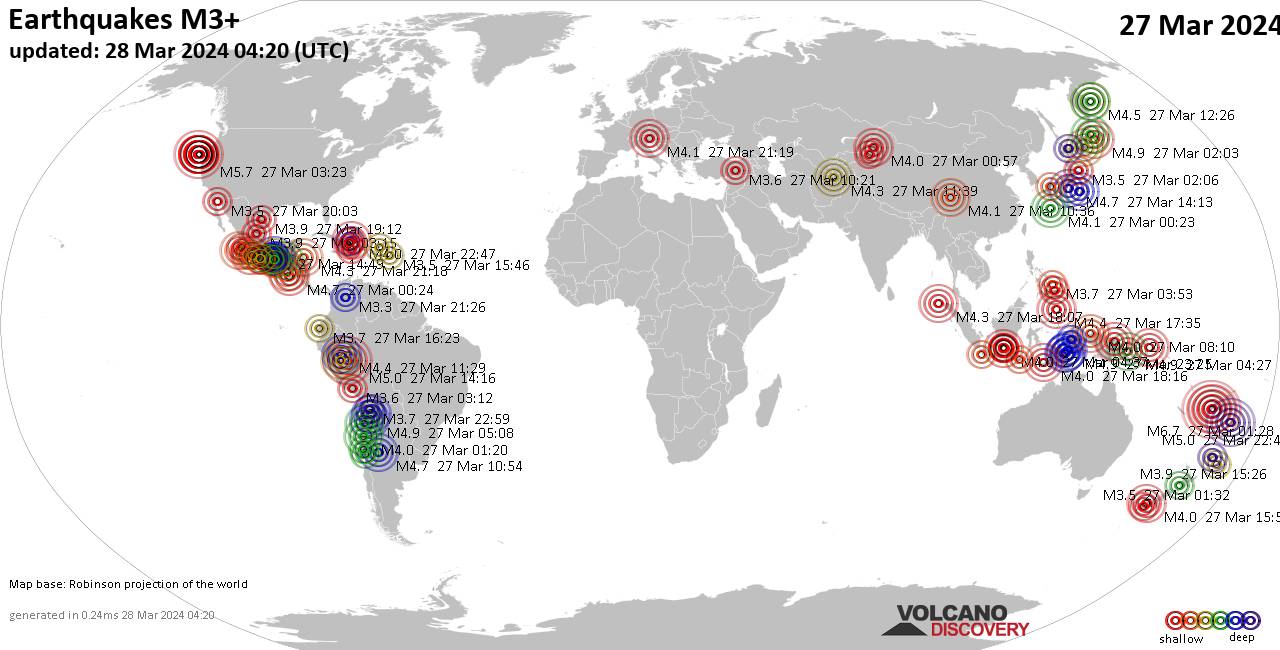 Carte du monde montrant les séismes supérieurs à la magnitude 3 mercredi, 27 mars 2024