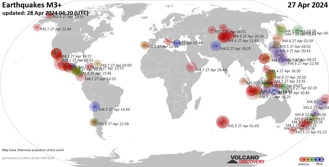 Carte du monde montrant les séismes supérieurs à la magnitude 3 samedi, 27 avril 2024