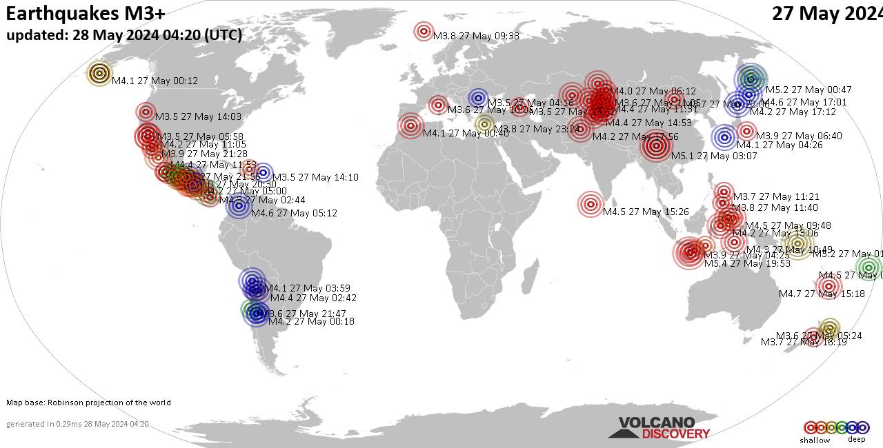 Weltkarte mit Erdbeben über Magnitude 3 während den letzten 24 Stunden past 24 hours am 28. Mai 2024