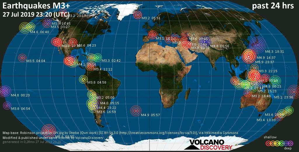 World map showing earthquakes above magnitude 3 during the past 24 hours on 27 Jul 2019