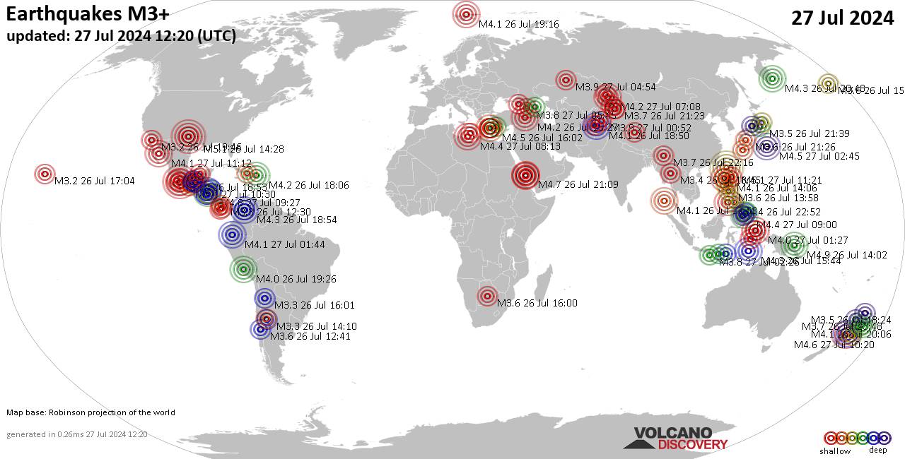 Weltkarte mit Erdbeben über Magnitude 3 während den letzten 24 Stunden past 24 hours am 27. Juli 2024