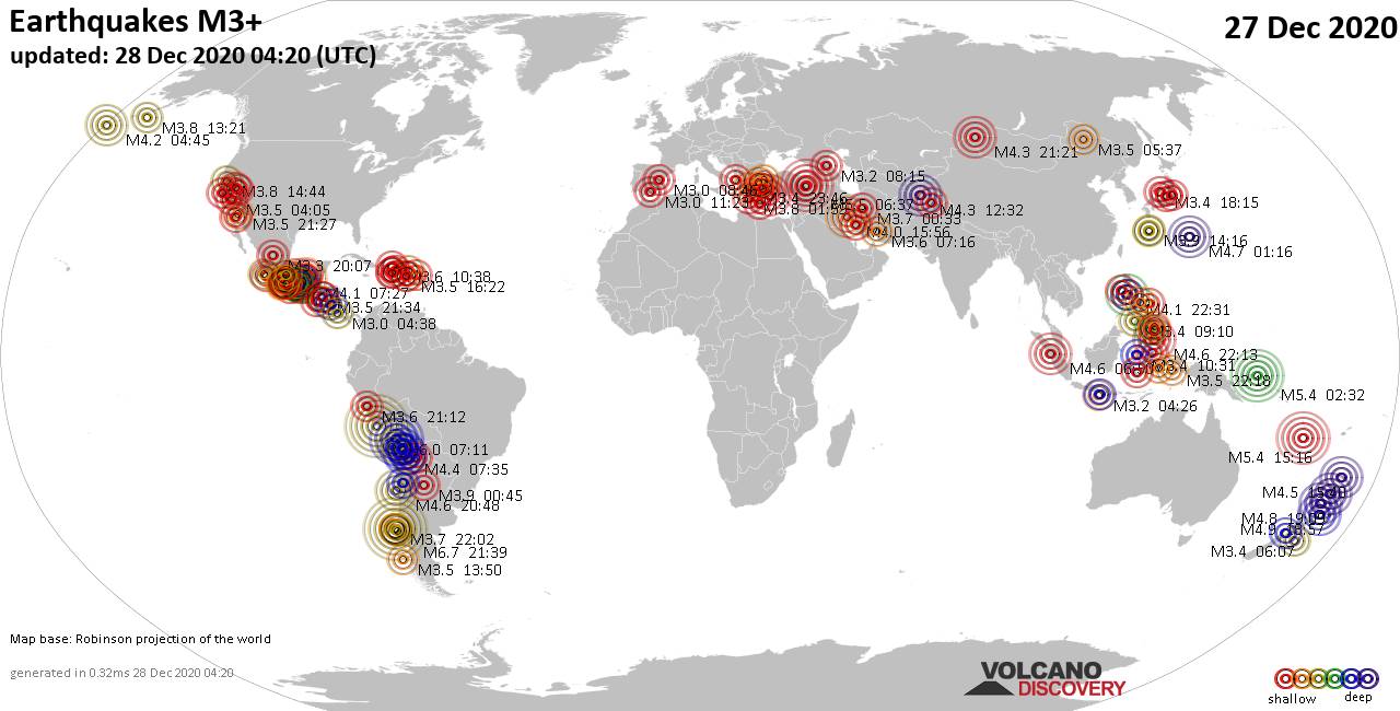 Mappa del mondo che mostra i terremoti sopra la magnitudo 3 nelle ultime 24 ore il 28 dicembre 2020