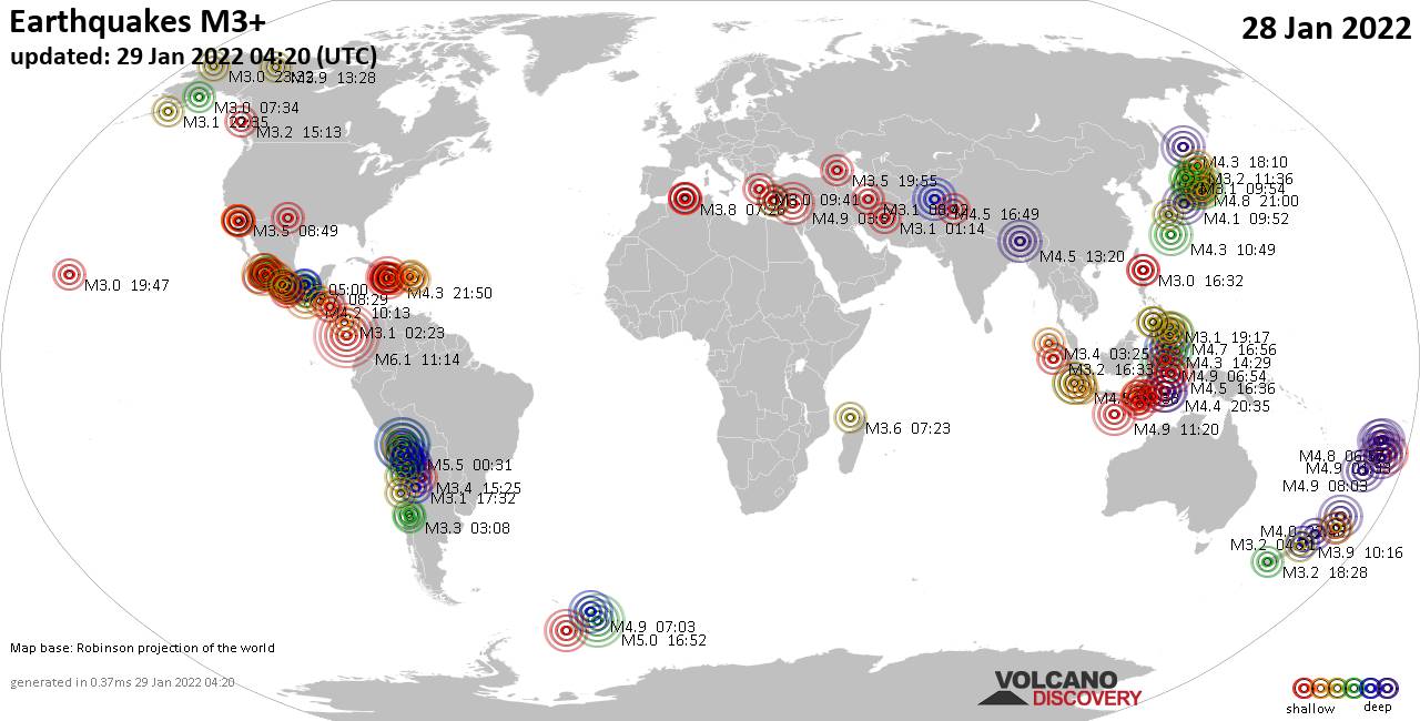 Weltkarte mit Erdbeben über Magnitude 3 während den letzten 24 Stunden past 24 hours am 29. Januar 2022