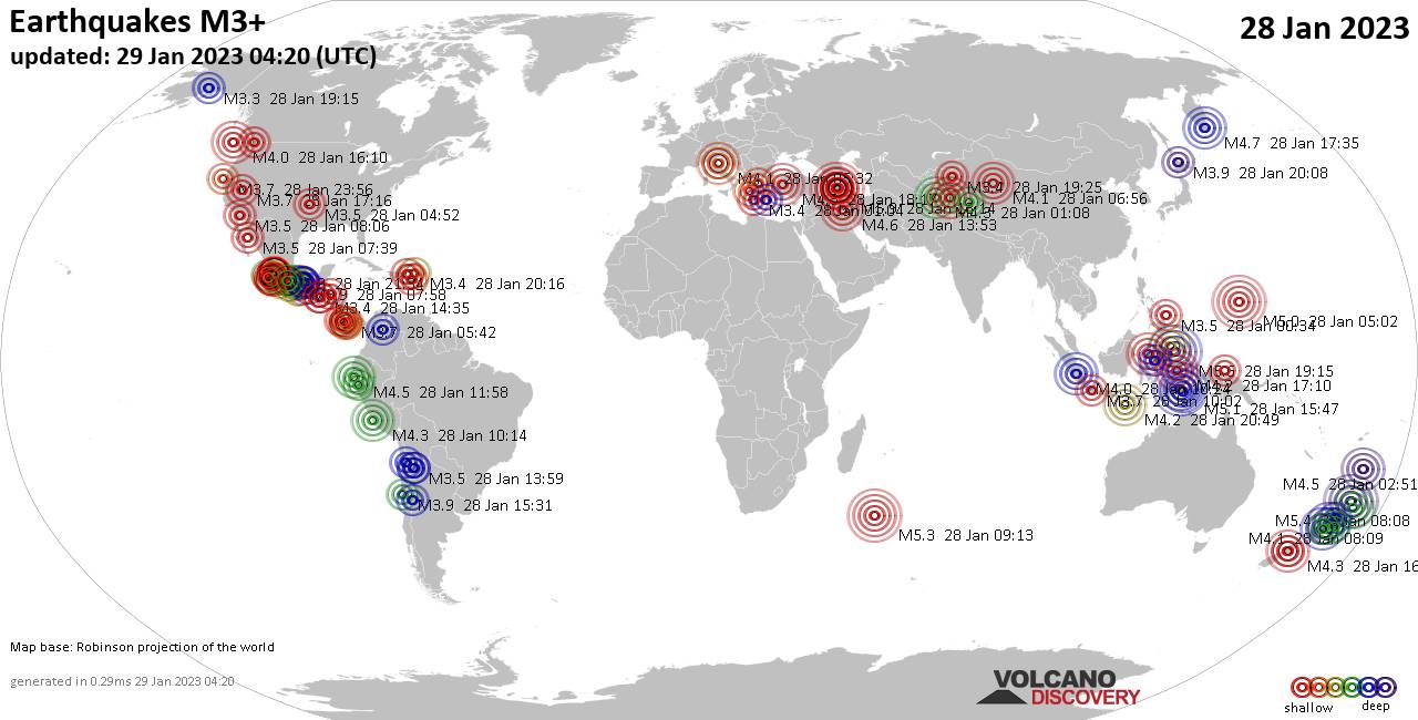 Weltkarte mit Erdbeben über Magnitude 3 während den letzten 24 Stunden past 24 hours am 28. Januar 2023