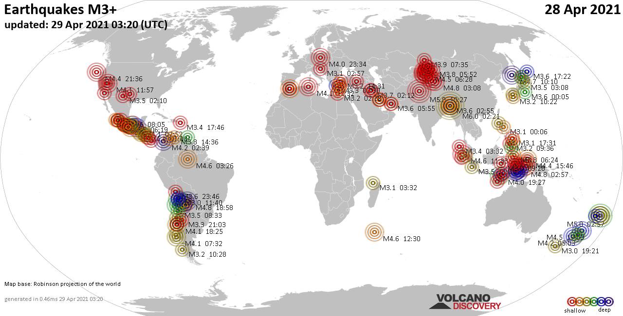Mapa mundial que muestra terremotos de magnitud 3 en las últimas 24 horas 29 abril 2021