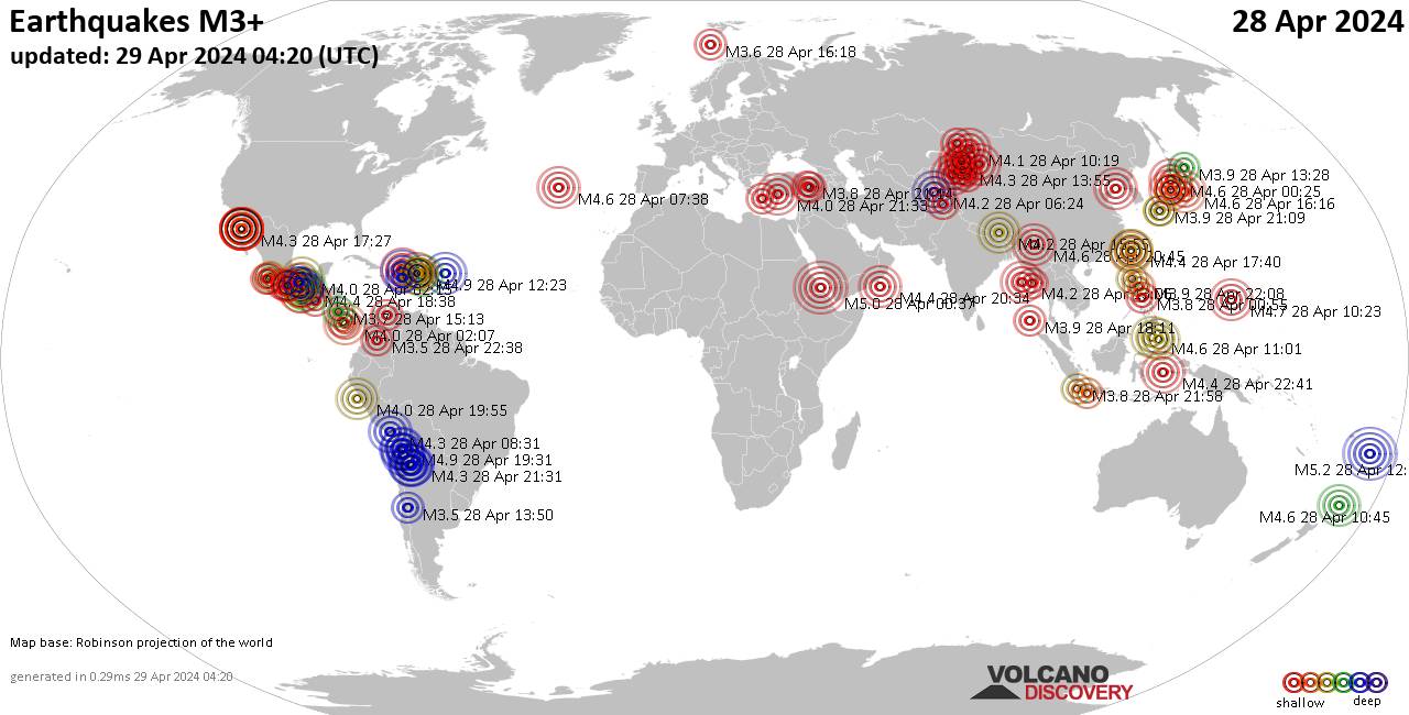 Carte du monde montrant les séismes supérieurs à la magnitude 3 dimanche, 28 avril 2024