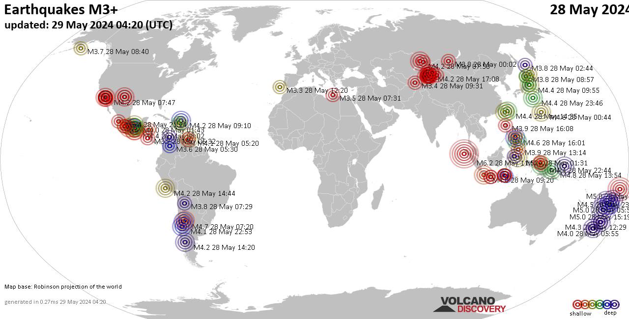 Weltkarte mit Erdbeben über Magnitude 3 während den letzten 24 Stunden past 24 hours am 29. Mai 2024