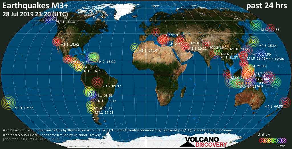World map showing earthquakes above magnitude 3 during the past 24 hours on 28 Jul 2019