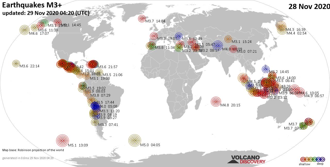 Worldwide earthquakes above magnitude 3 during the past 24 hours on 28 Nov 2020