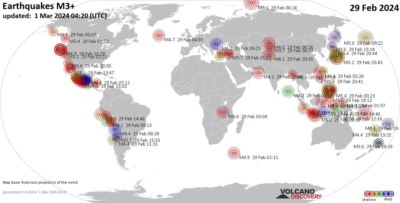 Carte du monde montrant les séismes supérieurs à la magnitude 3 jeudi, 29 février 2024