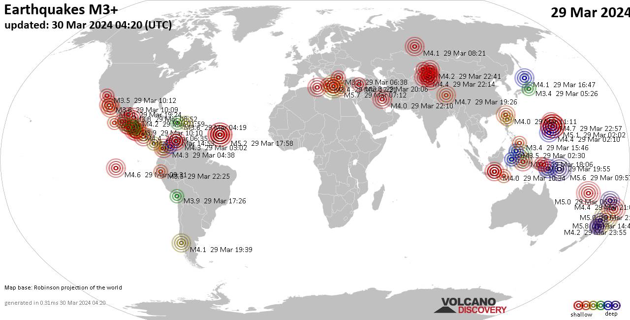 Weltkarte mit Erdbeben über Magnitude 3 während den letzten 24 Stunden past 24 hours am 29. März 2024