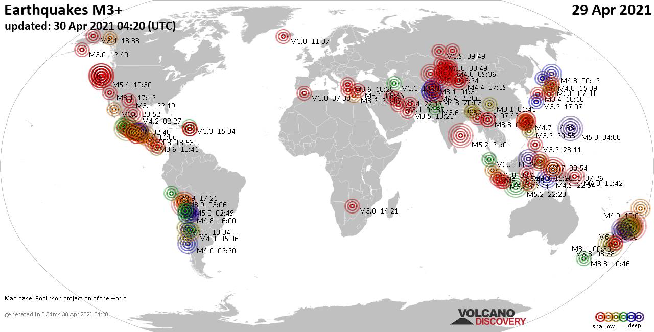 Mappa del mondo che mostra i terremoti sopra la magnitudo 3 nelle ultime 24 ore il 30 aprile 2021
