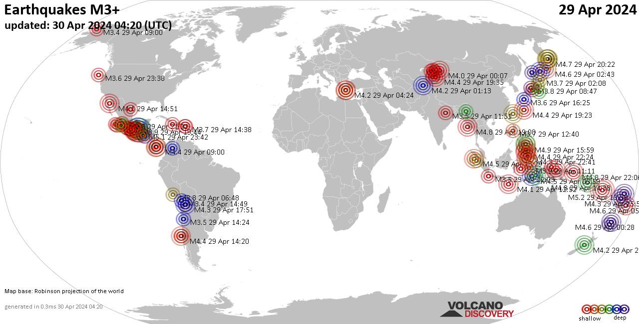 Carte du monde montrant les séismes supérieurs à la magnitude 3 lundi, 29 avril 2024