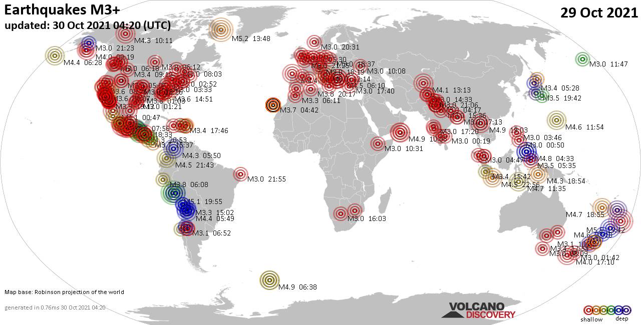 Mappa del mondo che mostra i terremoti sopra la magnitudo 3 nelle ultime 24 ore il 30 ottobre 2021