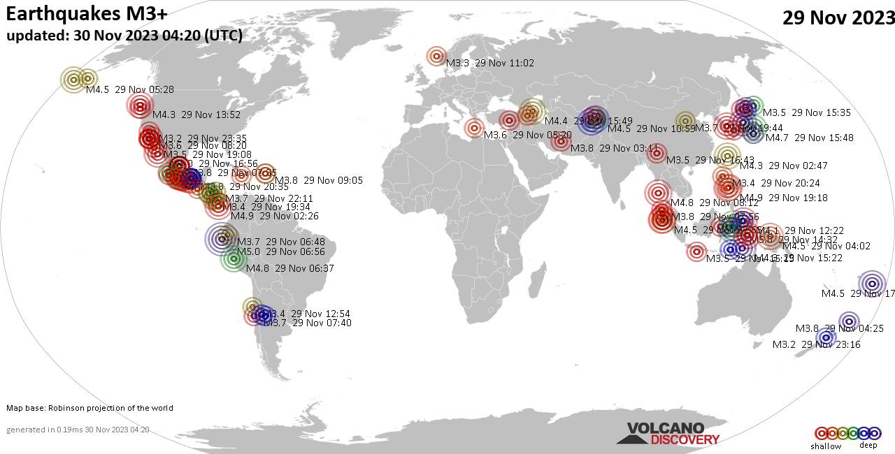 Mapa mundial que muestra terremotos de magnitud 3 en las últimas 24 horas 29 noviembre 2023