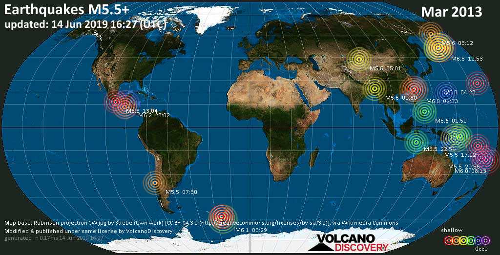 World map showing earthquakes above magnitude 5.5 during March 2013