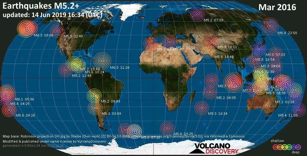 World map showing earthquakes above magnitude 5.2 during March 2016