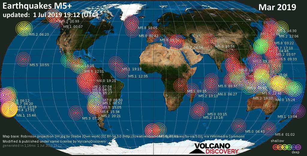 World map showing earthquakes above magnitude 5 during March 2019