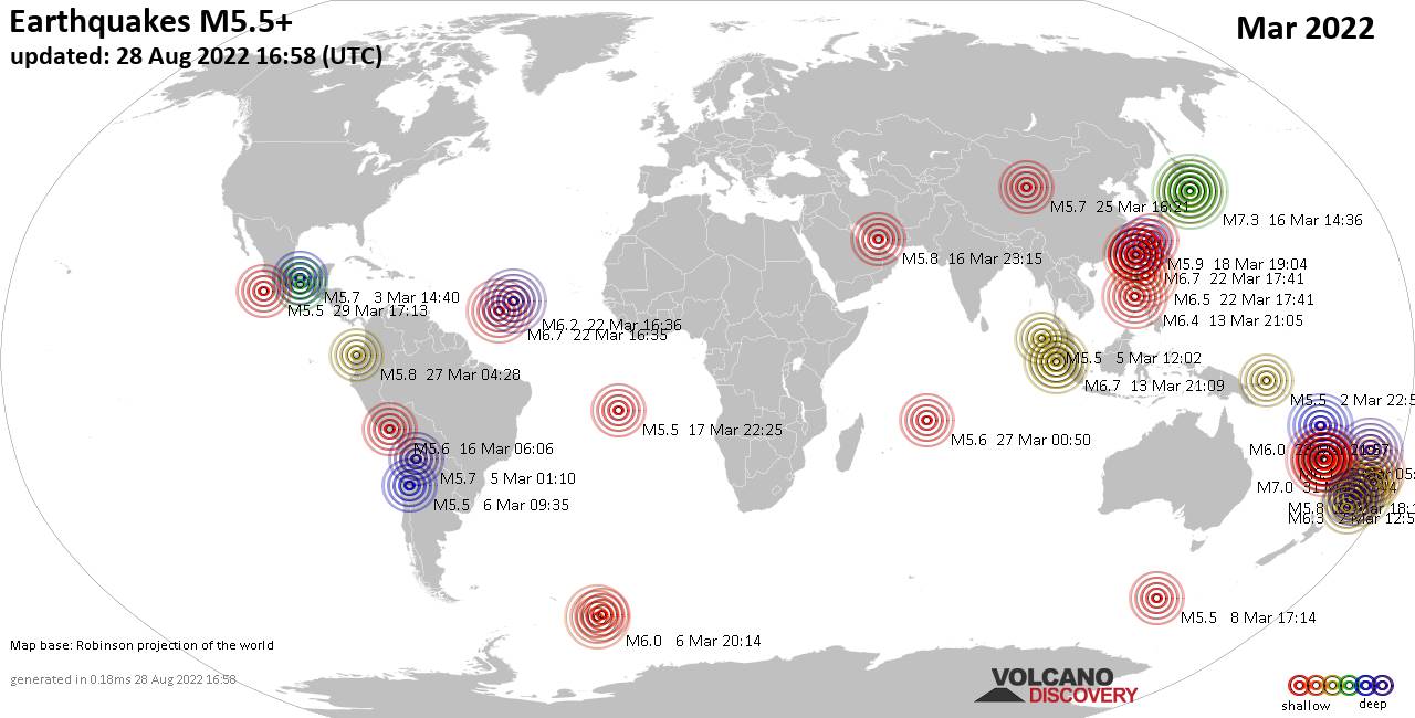 Worldwide earthquakes above magnitude 5.5 during March 2022