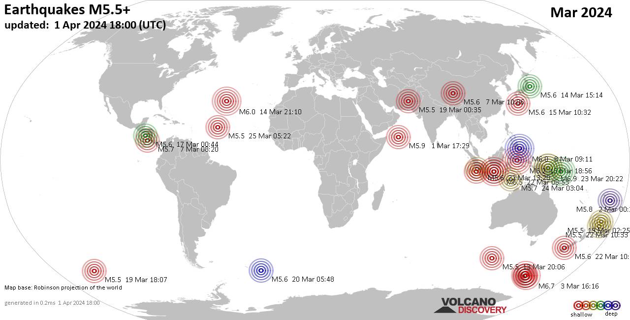 Weltkarte mit Erdbeben über Magnitude 5.5 während März 2024
