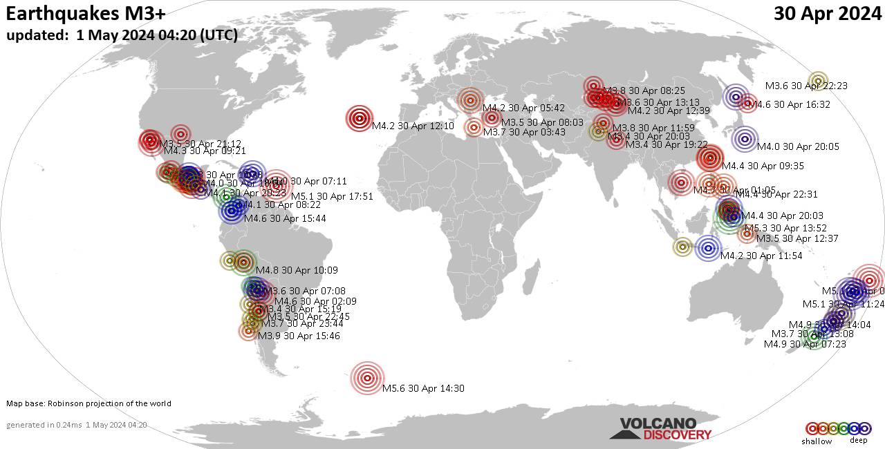 Weltkarte mit Erdbeben über Magnitude 3 während den letzten 24 Stunden past 24 hours am 30. April 2024