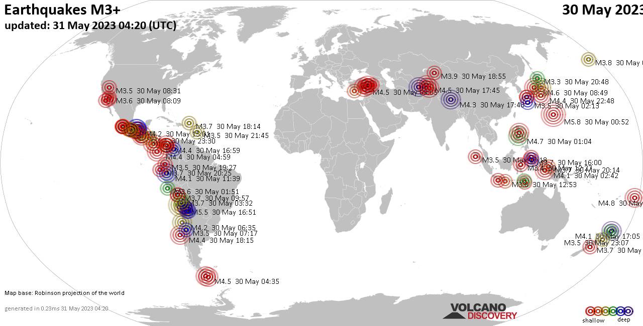 Карта мира, показывающая землетрясения силой более 3 баллов 30 мая 2023 г.