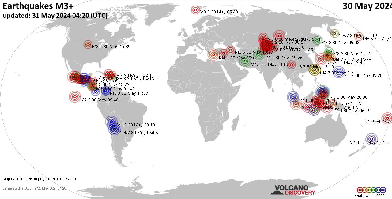 Weltkarte mit Erdbeben über Magnitude 3 während den letzten 24 Stunden past 24 hours am 30. Mai 2024