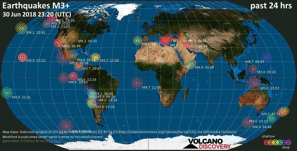 World map showing earthquakes above magnitude 3 during the past 24 hours on 30 Jun 2018
