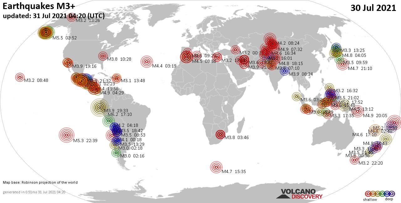 Mappa del mondo che mostra i terremoti sopra la magnitudo 3 nelle ultime 24 ore il 31 luglio 2021