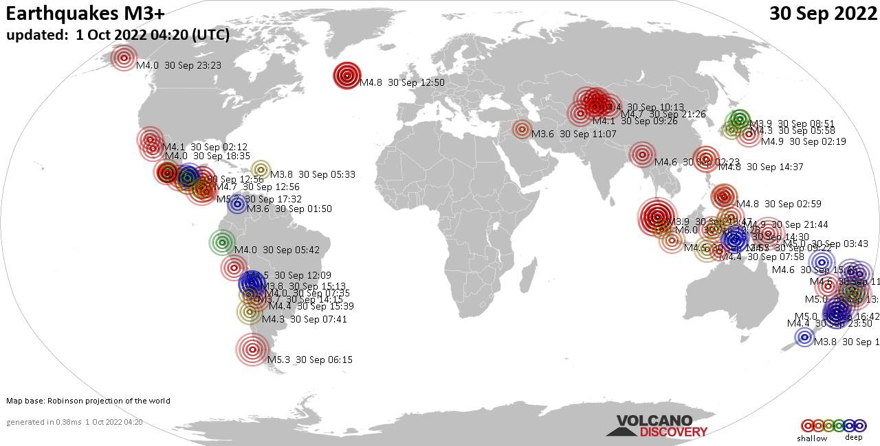 Mappa del mondo che mostra i terremoti sopra la magnitudo 3 nelle ultime 24 ore il  1 ottobre 2022